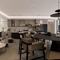 Modern Restaurant Interior Design With Open Kitchen Dining Table Chairs And Pendant Lights 3d model