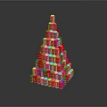 Red Cans Stacked In Pyramid Shape Tower Display On Black Surface