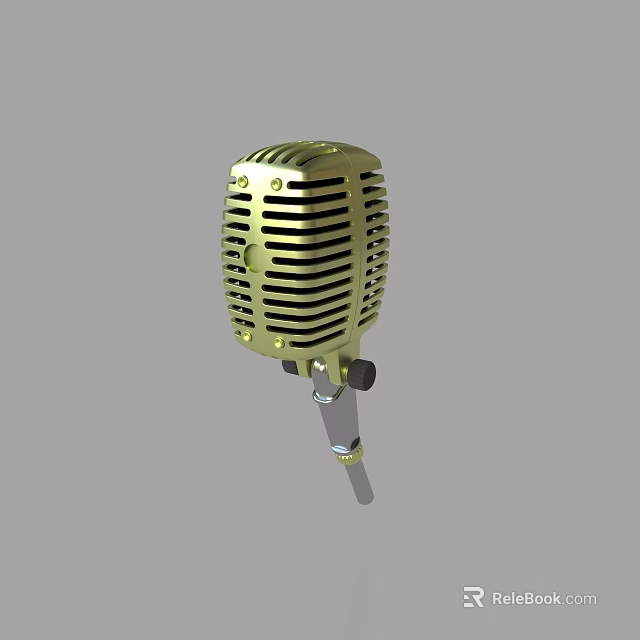Golden Vintage Microphone With Classic Design Metallic Mesh Grille And Adjustable Stand 3d model 