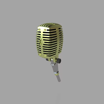 Golden Vintage Microphone With Classic Design Metallic Mesh Grille And Adjustable Stand 3d model
