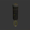 Black Cylindrical Weapon with Yellow Radioactive Symbol and Caution Label on Metal Base