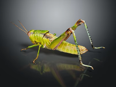 Green Grasshopper with Long Hind Legs and Textured Body on Dark Reflective Surface 3d model
