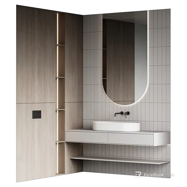 Modern Bathroom Washbasin with Round Mirror Gray Tile Wall and Wooden Cabinet 3d model 