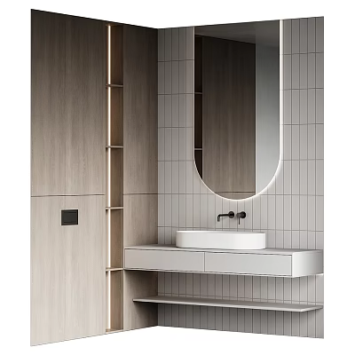 Modern Bathroom Washbasin with Round Mirror Gray Tile Wall and Wooden Cabinet 3d model