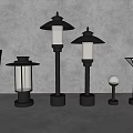 Various Designed Black Metal Outdoor Lights With Illuminated Lamps And Different Top Styles