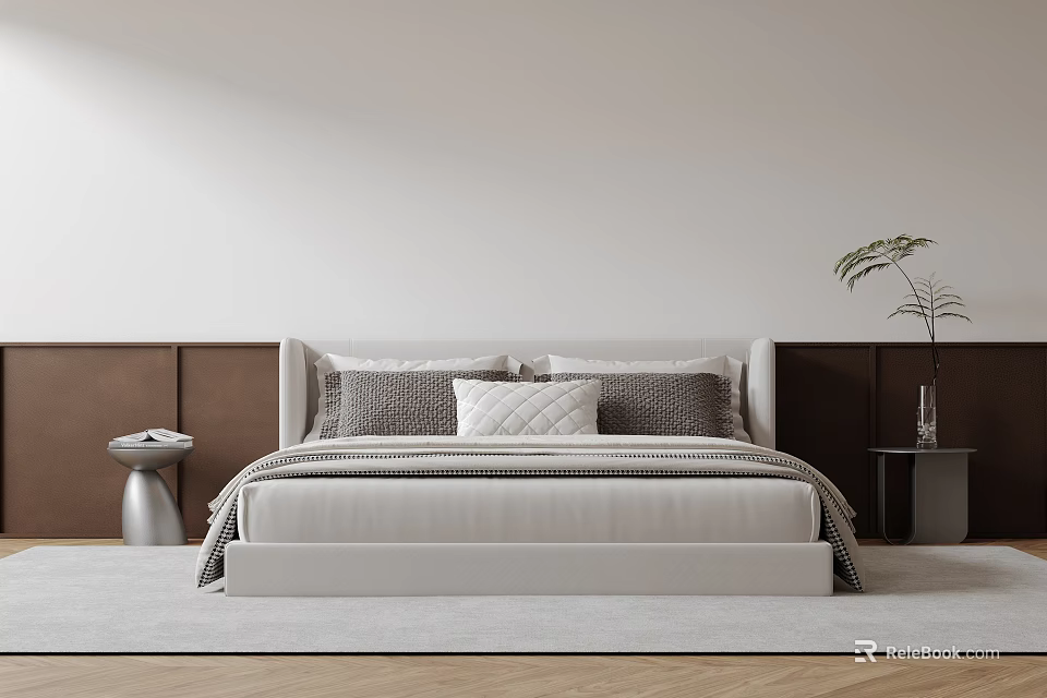 Modern Double Bed with Upholstered Headboard Neutral Bedding Side Table and Potted Plant 3d model
