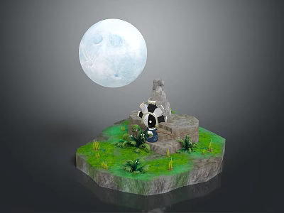 Cartoon Scene Featuring Big Moon Panda On Stone Platform With Green Grass And Plants 3d model
