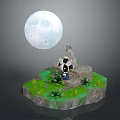 Cartoon Scene Featuring Big Moon Panda On Stone Platform With Green Grass And Plants
