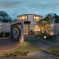 Serene Garden Landscape With Deer Statue Trees Stone Wall Circular Decoration And Warm Lighting