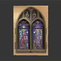 Architectural Structure Featuring Arched Stained Glass Windows With Religious Figure Designs
