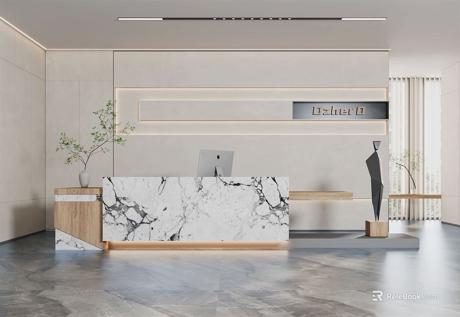 Modern Reception Desk Interior Design With Marble Counter Laptop Plant And Sculpture 3d model 