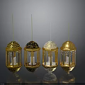 Golden Hanging Lanterns With Various Decorative Tops And Different Designs On Grey Background