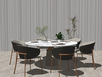 Round Marble Top Dining Table Set With Gray Chairs Wooden Legs And Plant Decor 3d model