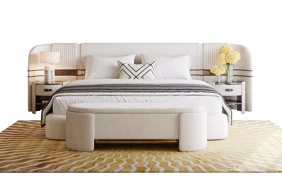 Double Bed With Upholstered Headboard White Pillows Nightstands And Bench On Patterned Rug 3d model 