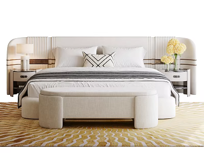 Double Bed With Upholstered Headboard White Pillows Nightstands And Bench On Patterned Rug 3d model