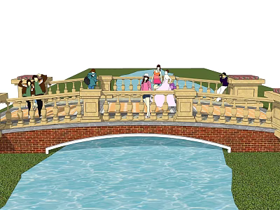 Scenic Landscape Bridge With Red Brick Structure Yellow Railings And People Enjoying Water View 3d model