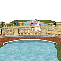 Scenic Landscape Bridge With Red Brick Structure Yellow Railings And People Enjoying Water View