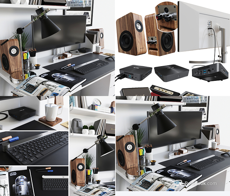 Modern Computer Workstation With Monitor Keyboard Wooden Speakers And Desk Accessories 3d model 