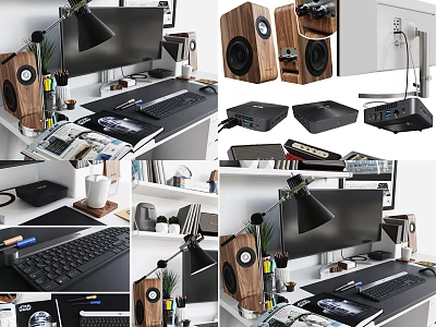 Modern Computer Workstation With Monitor Keyboard Wooden Speakers And Desk Accessories 3d model