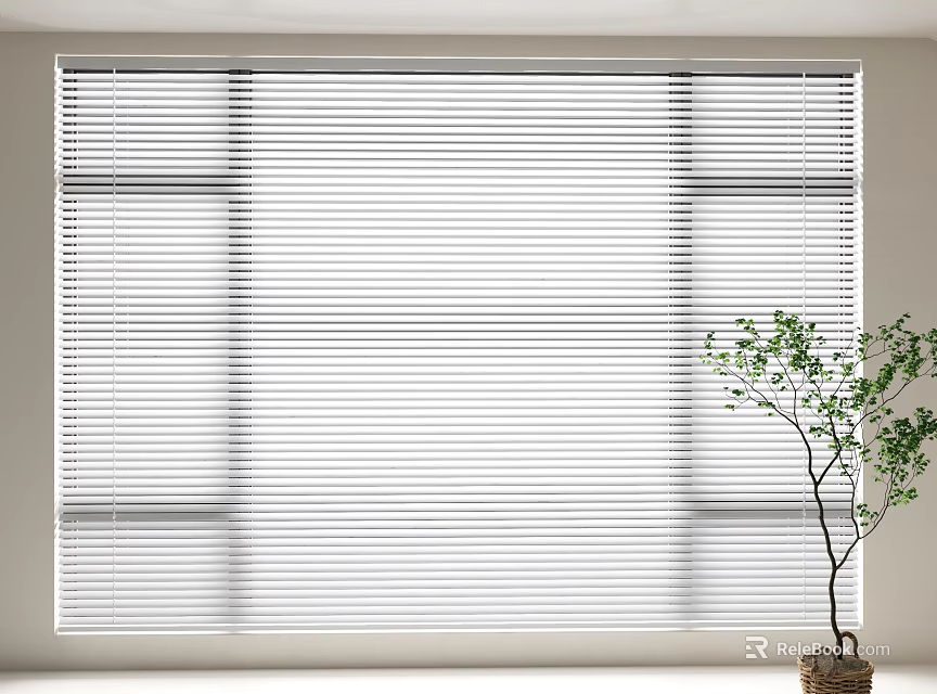 White Window Blinds Closed On Large Window With Indoor Plant In Modern Interior 3d model 