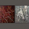 Two Modern Abstract Paintings with Red Gray Textures on Gray Wall 3d model