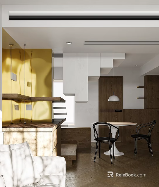 Open Plan Modern Living And Dining Space With Wood Furniture And Elegant Golden Decor Details 3d model 