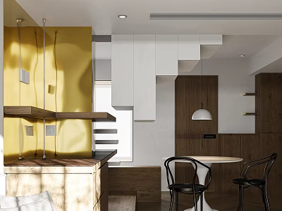 Open Plan Modern Living And Dining Space With Wood Furniture And Elegant Golden Decor Details 3d model