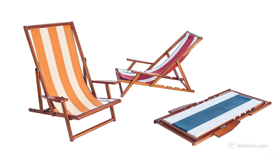 Folding Wooden Lounge Chair With Striped Fabric For Outdoor Use In Three Colors 3d model 
