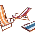 Folding Wooden Lounge Chair With Striped Fabric For Outdoor Use In Three Colors