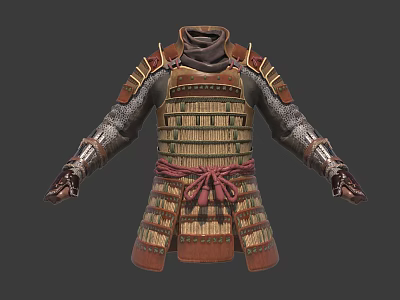 Authentic Traditional Japanese Samurai Armor With Bamboo Plates Metal Chainmail And Red Sash 3d model