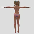 Woman in Striped Bikini with Pigtails Standing Full Body Pose Arms Outstretched