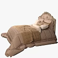 Cozy Beige Double Bed With Ruffled Headboard Multiple Pillows And Textured Comforter