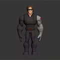 3D Sci Fi Character In Purple Uniform With Mechanical Arm Brown Hair And Sunglasses