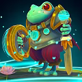 Frog Warrior Character With Armor Shield And Sword Standing On Lily Pad With Lotus Flowers