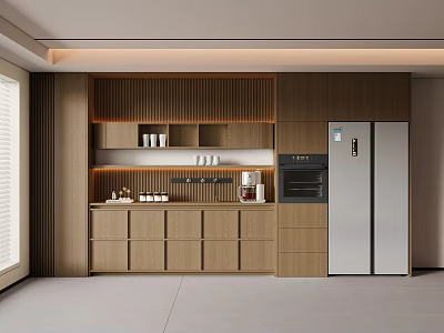 Modern Kitchen Interior Featuring Wooden Sideboard With Cabinets Drawers Shelves Cups Oven And Refrigerator 3d model