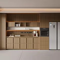 Modern Kitchen Interior Featuring Wooden Sideboard With Cabinets Drawers Shelves Cups Oven And Refrigerator