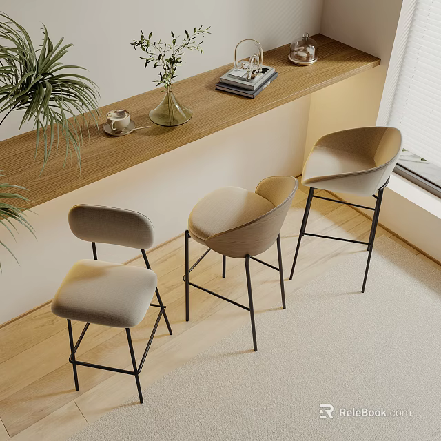 Modern Wooden Bar Counter With Beige Stools Potted Plants And Natural Light 3d model 