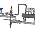 Detailed Industrial Equipment System With Pipes Valves Pressure Gauges Blue Component And Black Tank
