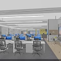 Modern Public Office Space Interior With Workstations Computers Large Windows Yellow Cabinets And Ergonomic Chairs 3d model