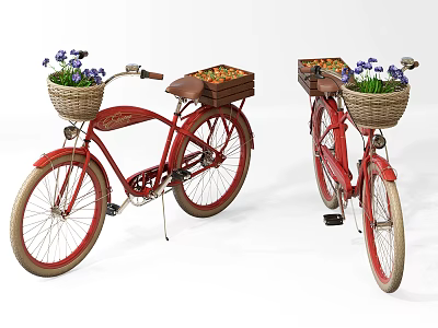 Red Vintage Bicycles With Front Baskets Filled With Purple Flowers And Rear Fruit Baskets 3d model