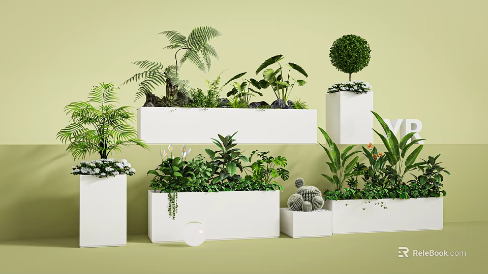 Plant Arrangement with White Planters Ferns Spherical Shrubs and Large Green Plants on Light Green 3d model 