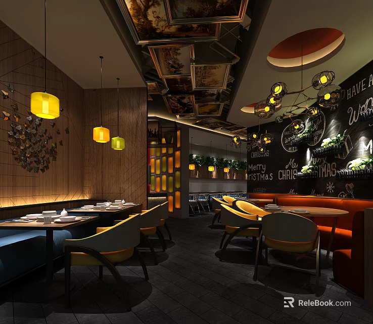 Warm Modern Restaurant Interior With Yellow Pendant Lights Tables Chairs And Blackboard Wall 3d model 