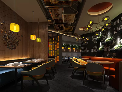 Warm Modern Restaurant Interior With Yellow Pendant Lights Tables Chairs And Blackboard Wall 3d model