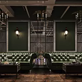 Industrial Bar Interior With Brick Wall Counter Stools Bottle Shelves And Pendant Lights