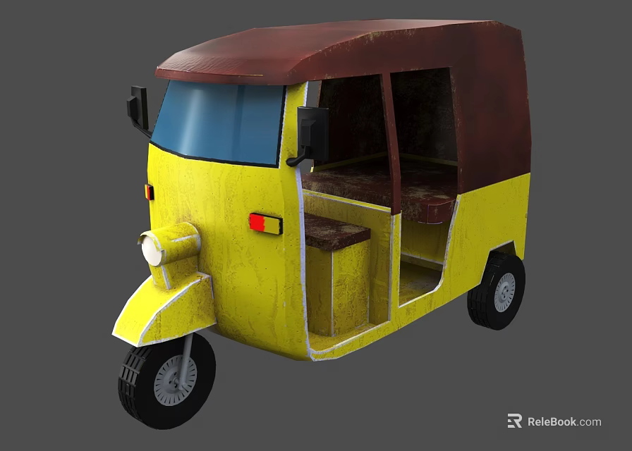 Yellow Auto Rickshaw With Brown Roof And Open Passenger Seats Design 3d model 