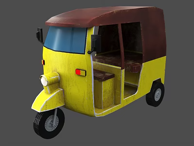 Yellow Auto Rickshaw With Brown Roof And Open Passenger Seats Design 3d model