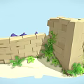 Ancient Ruin Camp With Stone Walls Cave Entrance Purple Tent Gold Coins And Scrolls