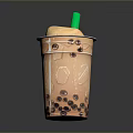 Creamy Bubble Tea With Tapioca Pearls In Transparent Cup And Green Straw