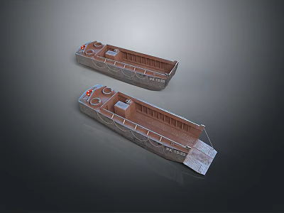 Two Brown Wooden Boat Models With Deck Structure And Red Navigation Lights 3d model