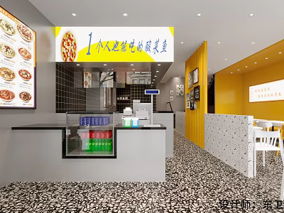 Beijing Style Restaurant Interior With Yellow Walls Order Counter And Patterned Tile Floor 3d model